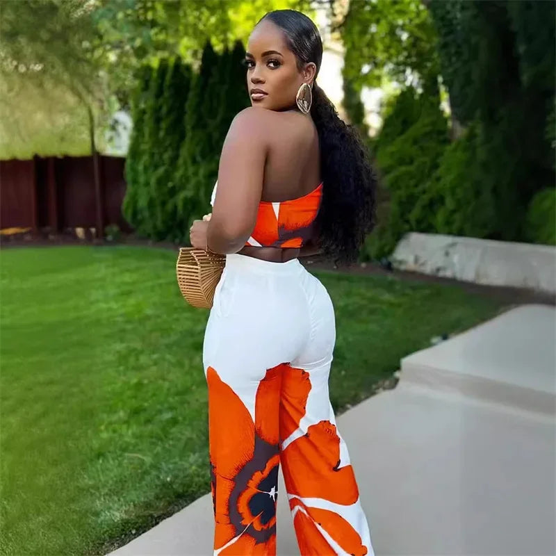 Floral Print Two Piece Set One Shoulder Crop Top and Loose Wide Leg Pants