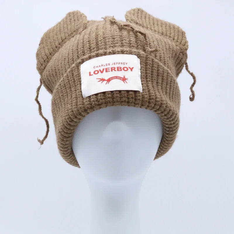 Hooded Lover Boy Knit Double-layer Fox Ear Hat Hip-hop Y2k