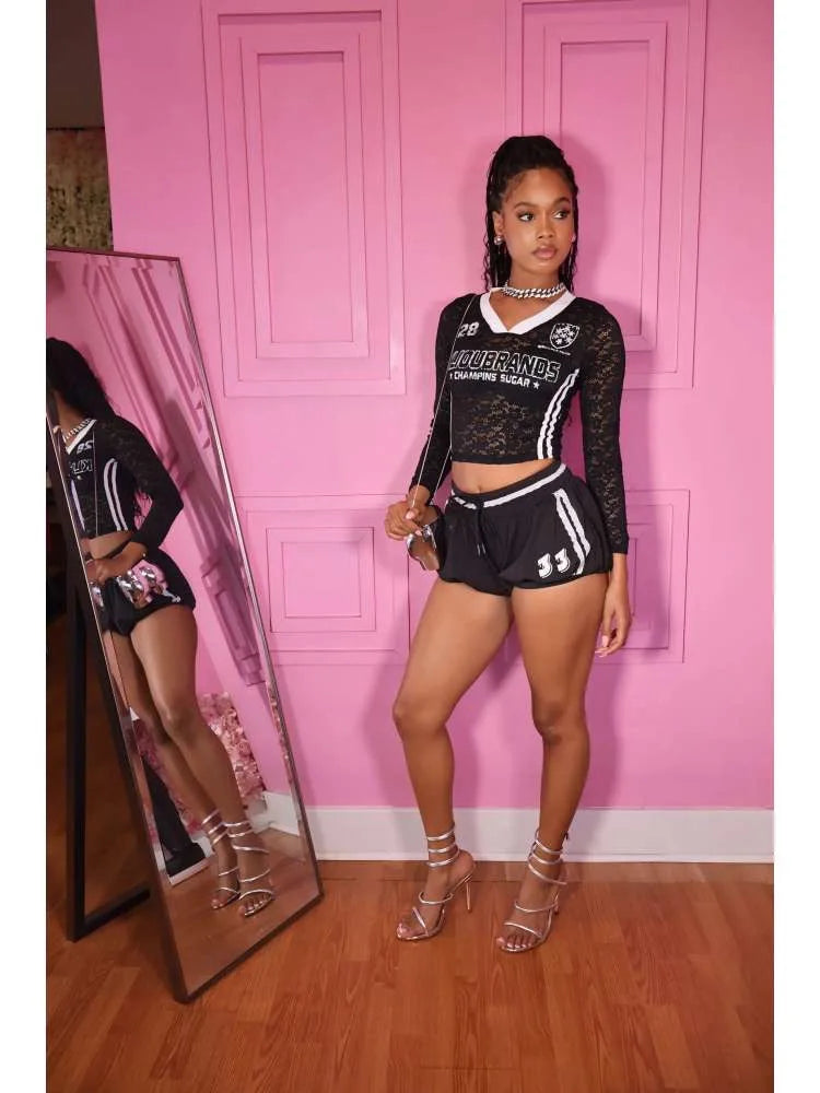 2 Piece Sets Women Outfit Lace See Though Patchwork Crop Top + Drawstring Skirts