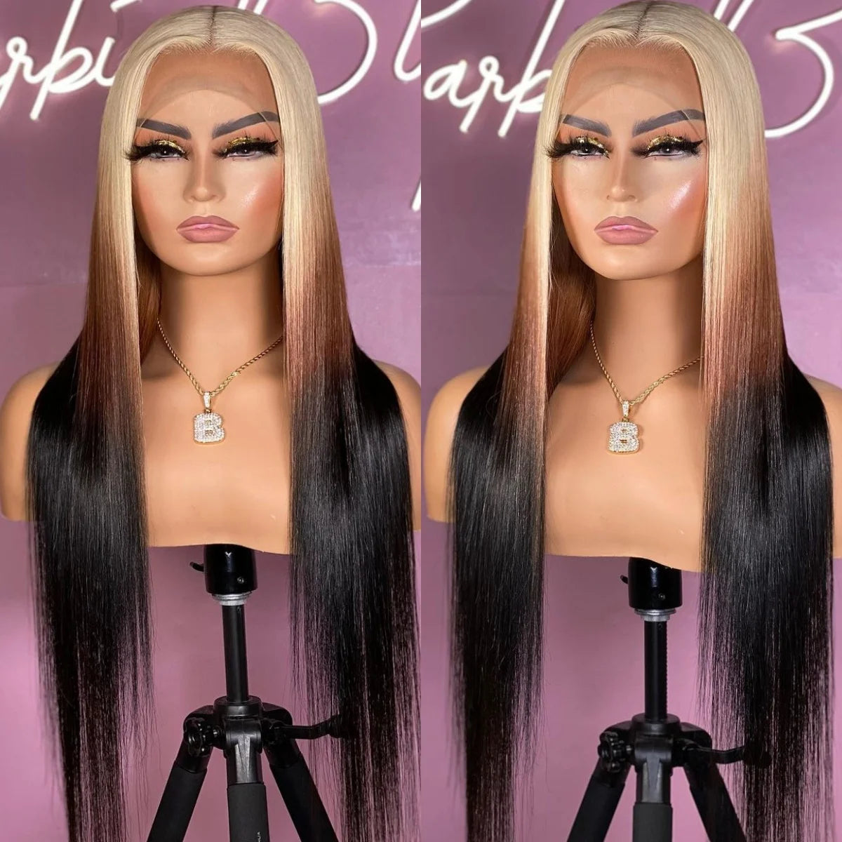 613 Blonde with Brown Ombre Wig Synthetic Lace Front Wig Long Straight Body Wave Frontal Gradient Colored Wigs for Women