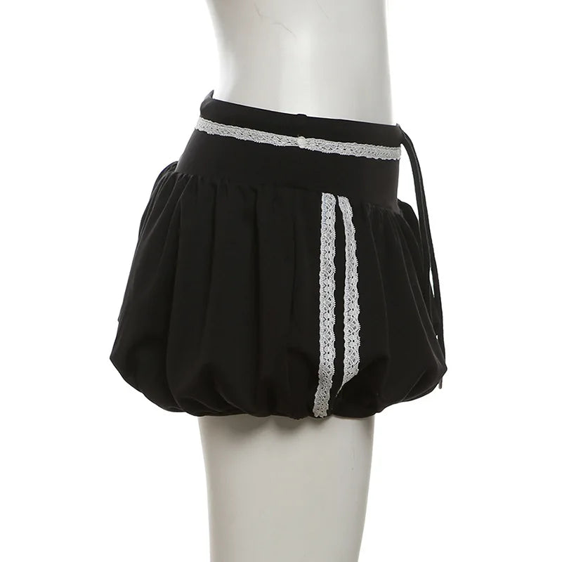 2 Piece Sets Women Outfit Lace See Though Patchwork Crop Top + Drawstring Skirts