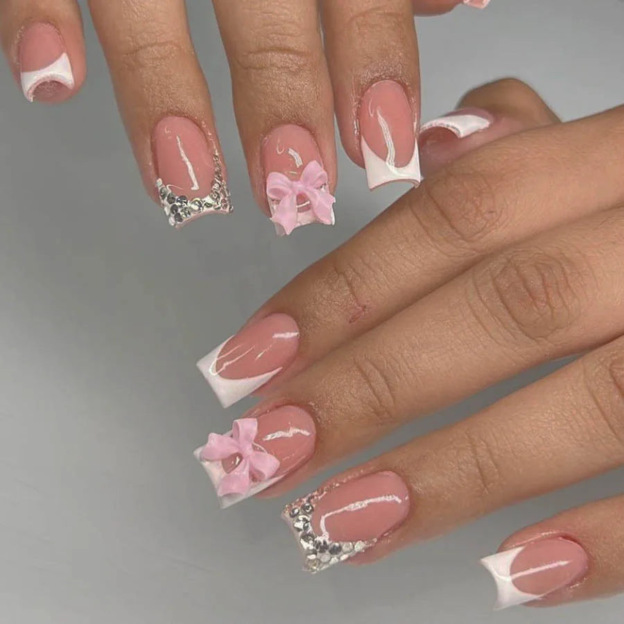 24Pcs Pink French Style Fake Nails 3D Bow Designs Short Square Press on Nails