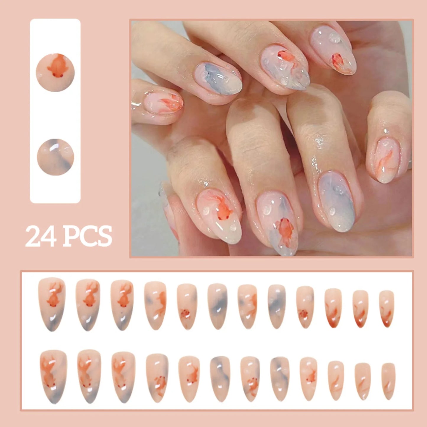 24pcs White Flower Fake Nail Yellow Pink Blush Almond Shaped Press on Nails
