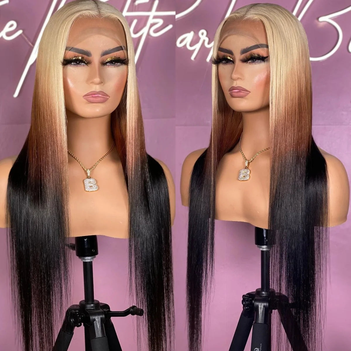 613 Blonde with Brown Ombre Wig Synthetic Lace Front Wig Long Straight Body Wave Frontal Gradient Colored Wigs for Women