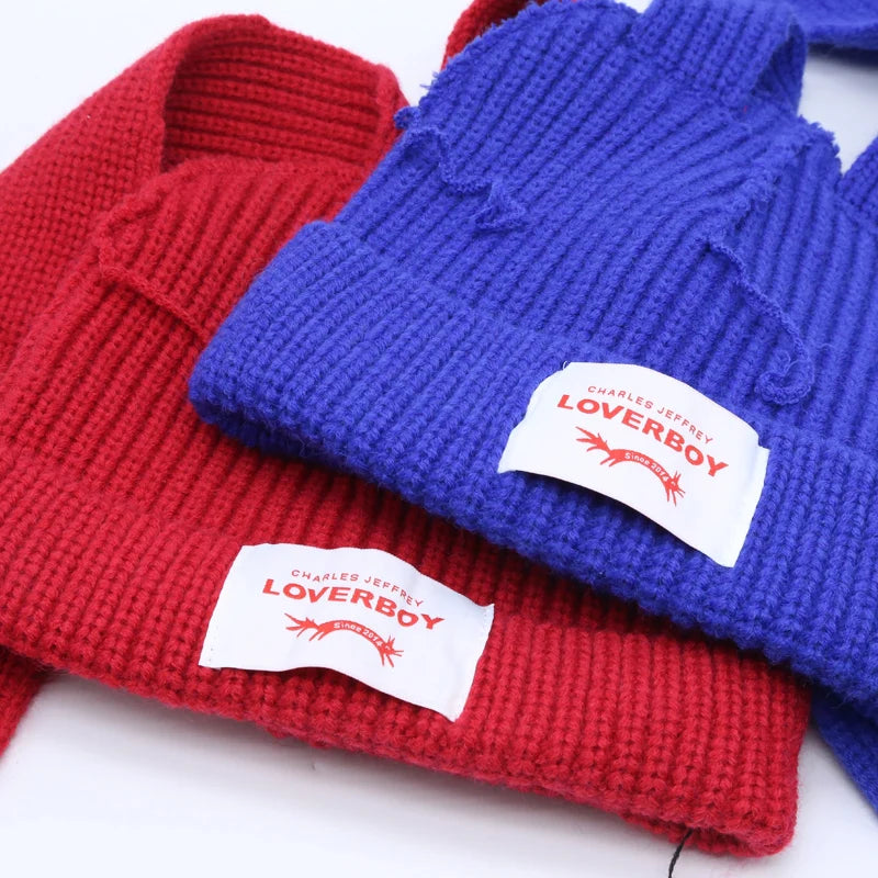 Hooded Lover Boy Knit Double-layer Fox Ear Hat Hip-hop Y2k