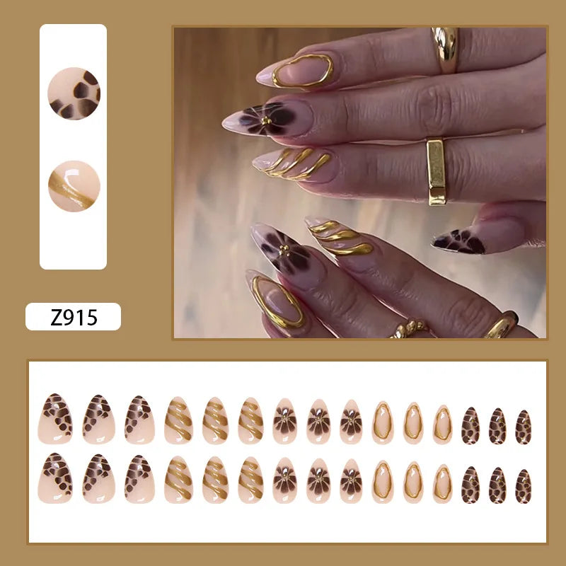 24pcs White Flower Fake Nail Yellow Pink Blush Almond Shaped Press on Nails