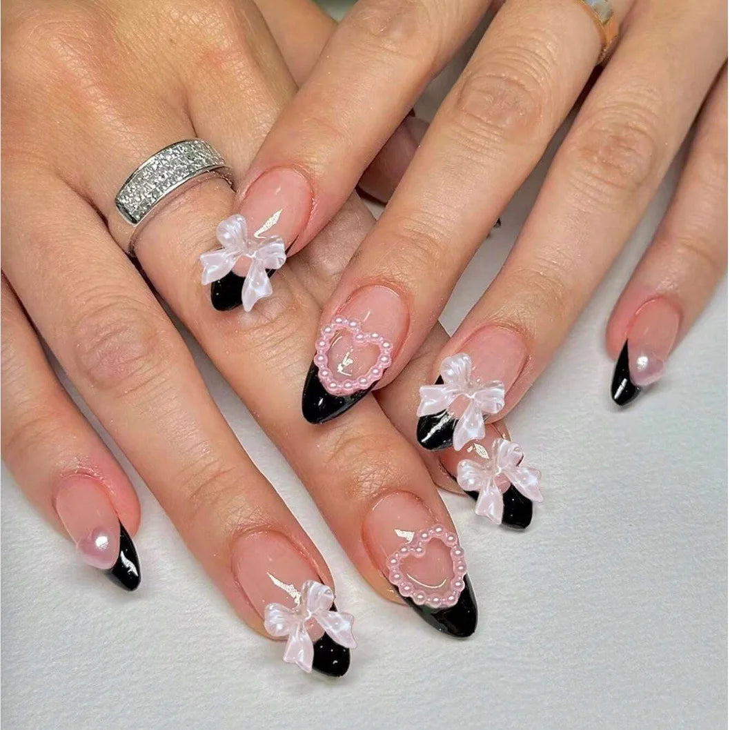 24pcs Long Ballet Press On Nails With 3D Bow Decor