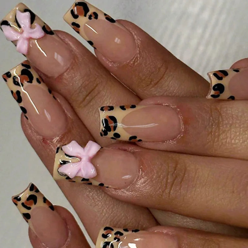 24Pcs Pink French Style Fake Nails 3D Bow Designs Short Square Press on Nails