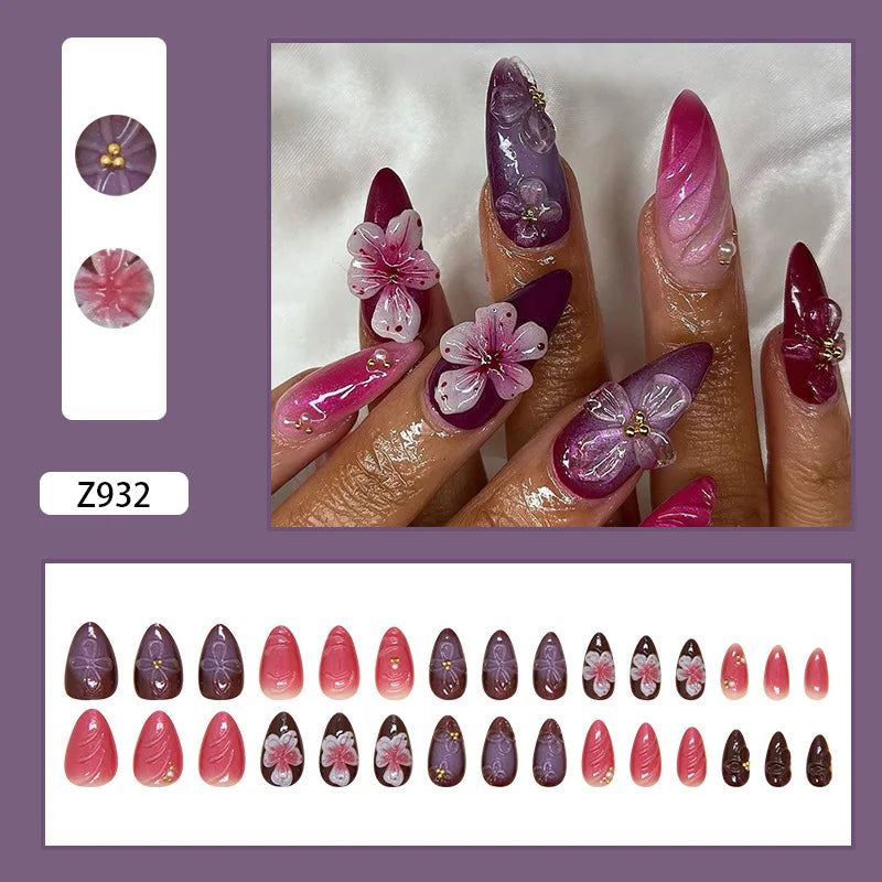 24pcs White Flower Fake Nail Yellow Pink Blush Almond Shaped Press on Nails