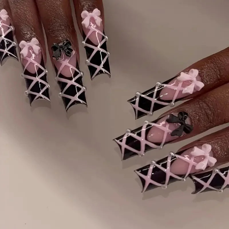 24pcs Long Ballet Press On Nails With 3D Bow Decor