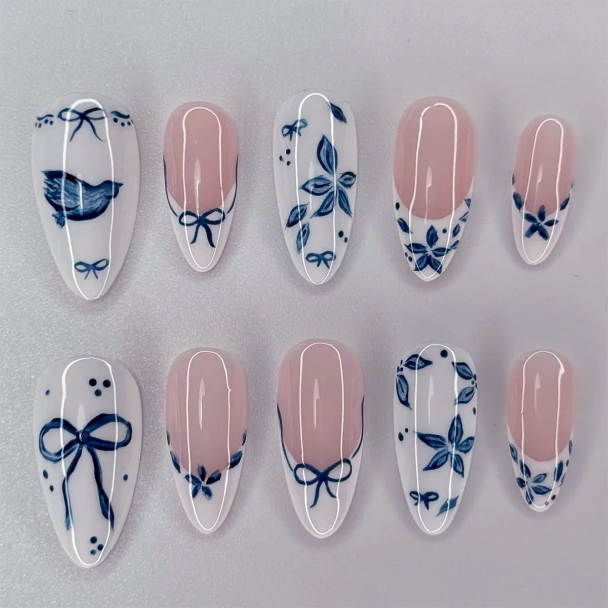 24pcs White Flower Fake Nail Yellow Pink Blush Almond Shaped Press on Nails