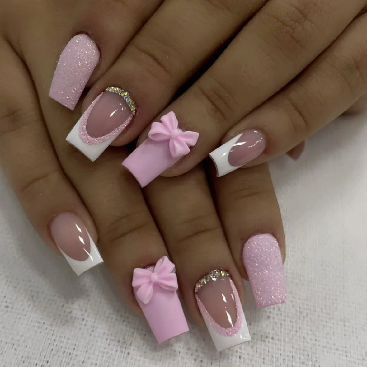 24Pcs Pink French Style Fake Nails 3D Bow Designs Short Square Press on Nails