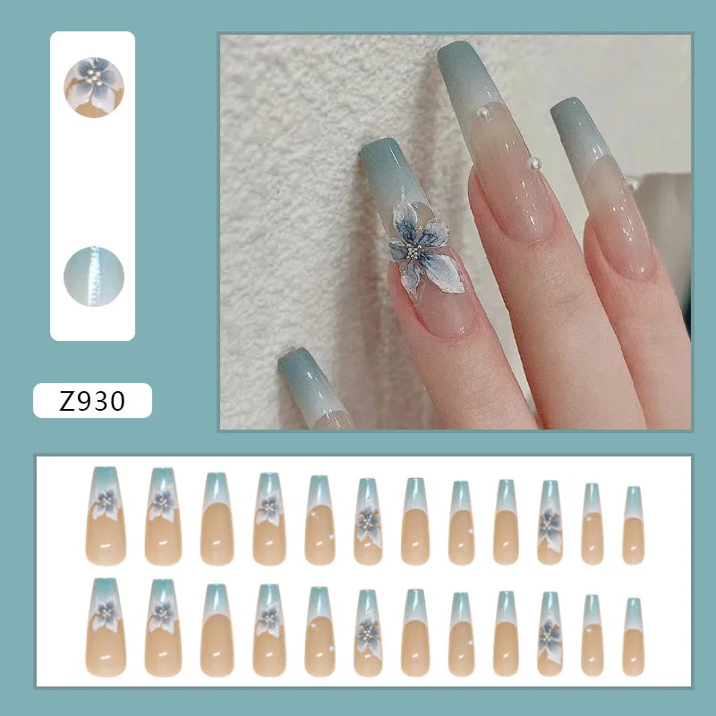24pcs White Flower Fake Nail Yellow Pink Blush Almond Shaped Press on Nails