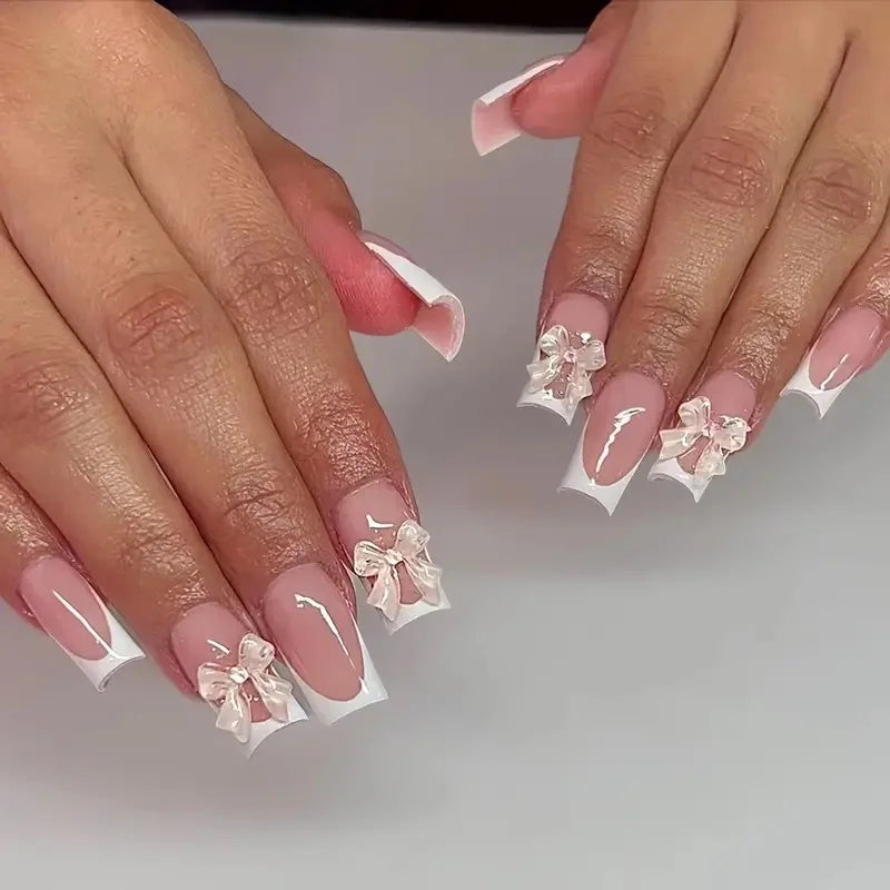 24Pcs Pink French Style Fake Nails 3D Bow Designs Short Square Press on Nails