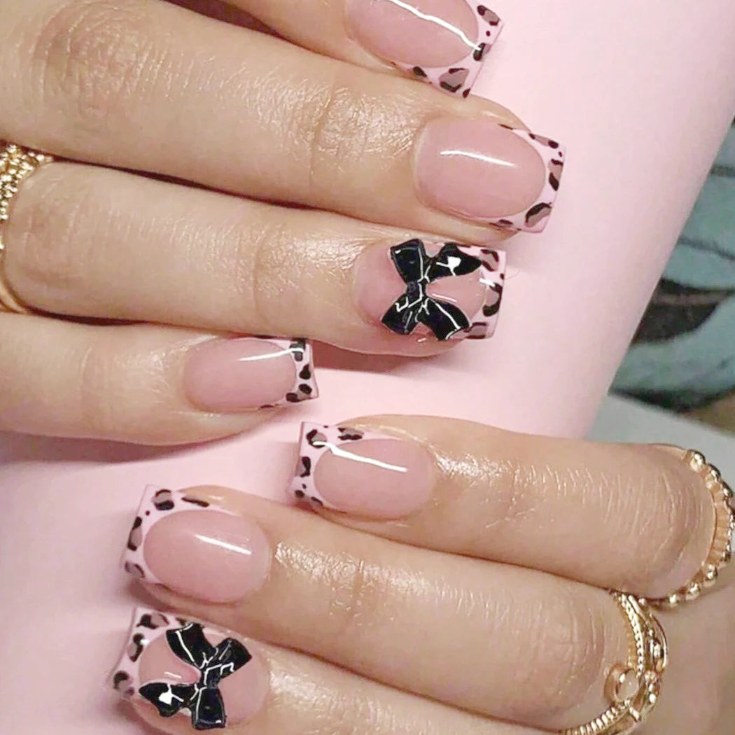 24Pcs Pink French Style Fake Nails 3D Bow Designs Short Square Press on Nails