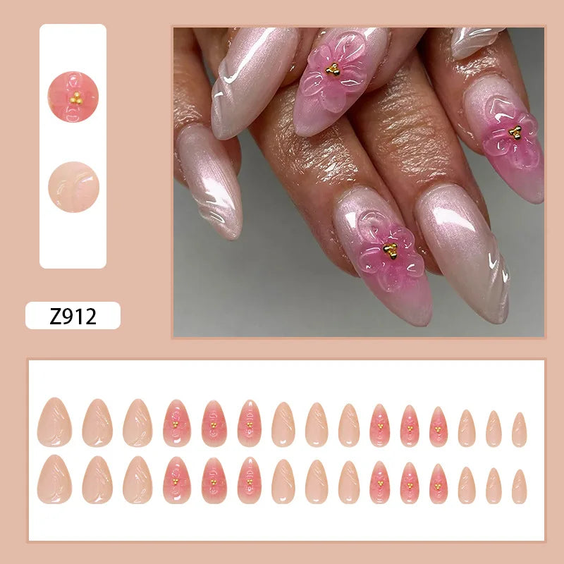 24pcs White Flower Fake Nail Yellow Pink Blush Almond Shaped Press on Nails