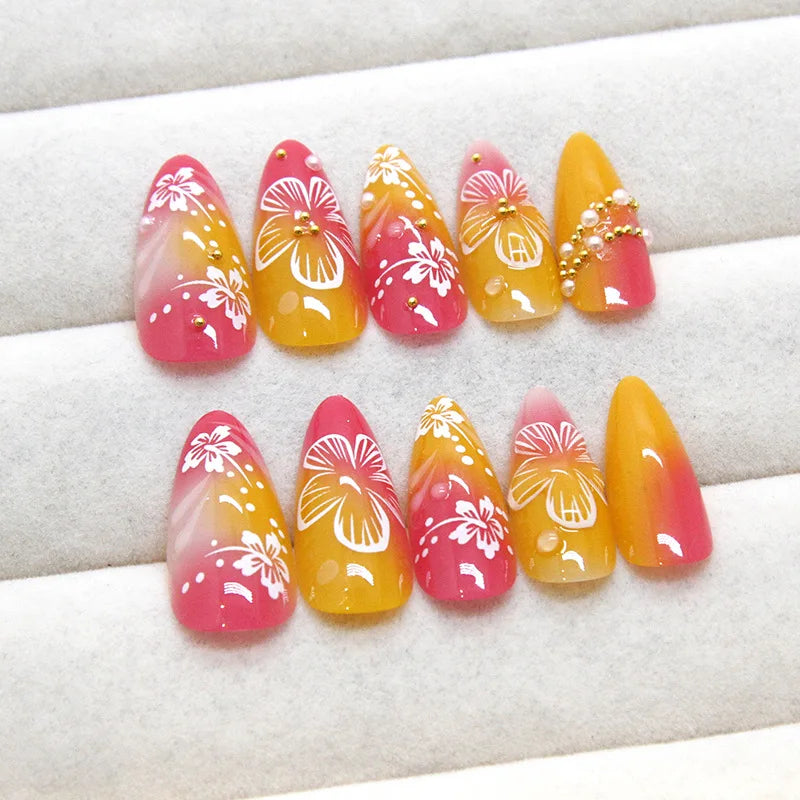 24pcs White Flower Fake Nail Yellow Pink Blush Almond Shaped Press on Nails