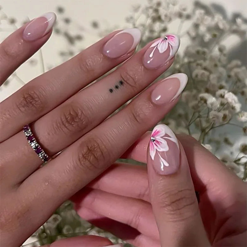 24pcs White Flower Fake Nail Yellow Pink Blush Almond Shaped Press on Nails
