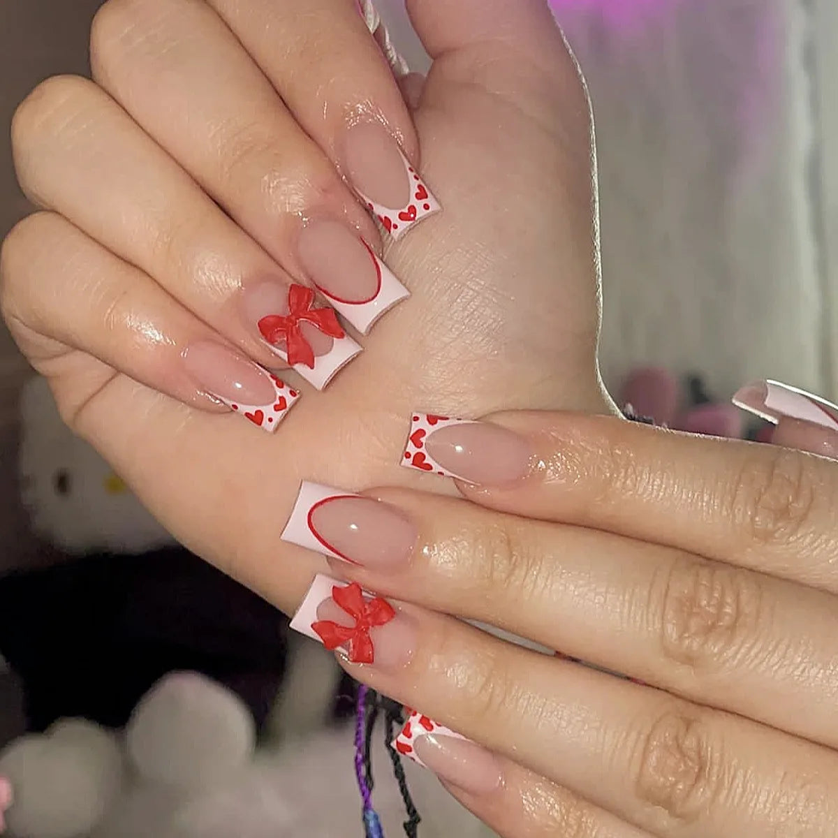 24Pcs Pink French Style Fake Nails 3D Bow Designs Short Square Press on Nails