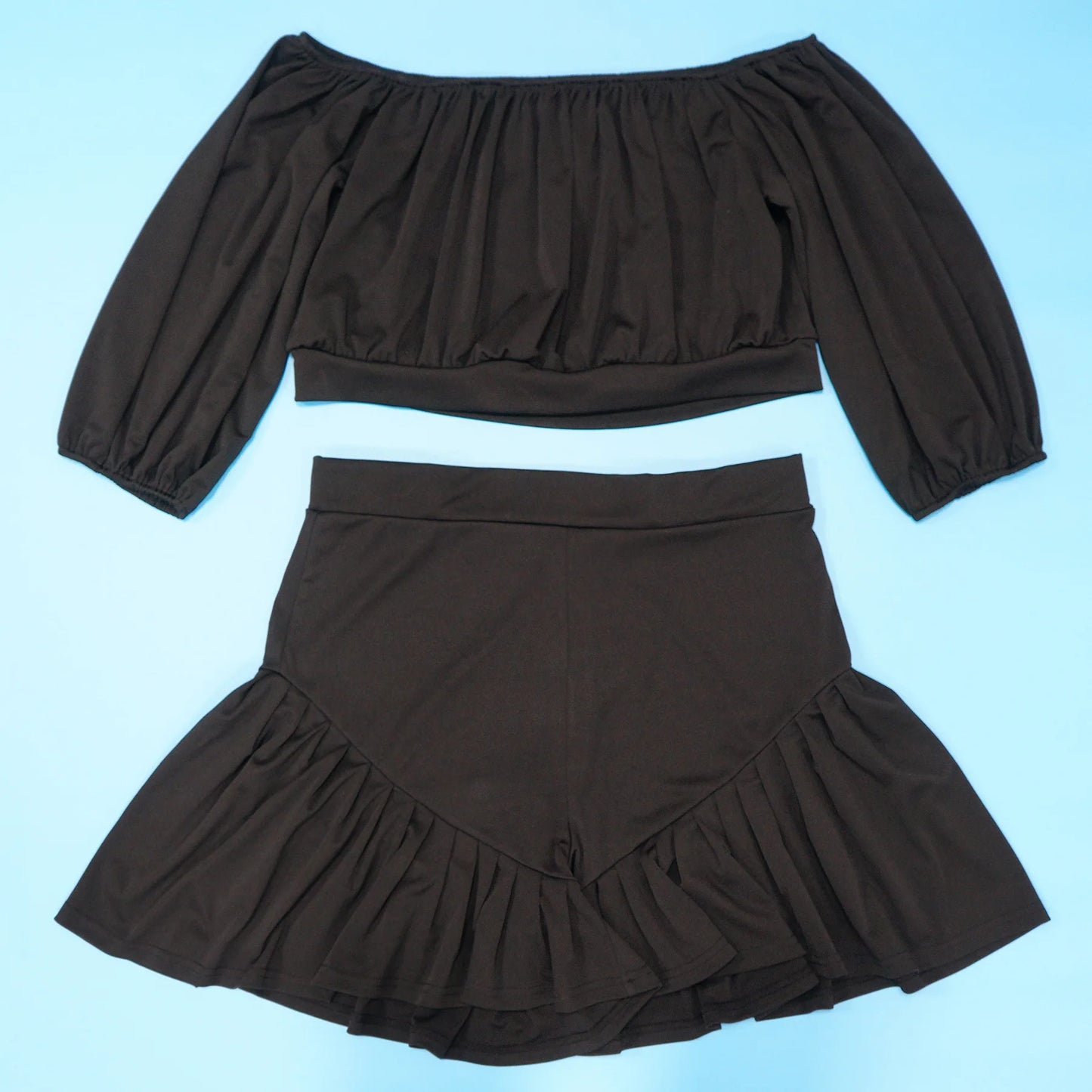 Plus Size Long Sleeve Slash Neck T-Shirt and Shorts Ruched 2 Piece Set