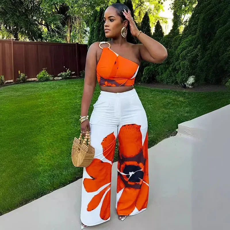 Floral Print Two Piece Set One Shoulder Crop Top and Loose Wide Leg Pants