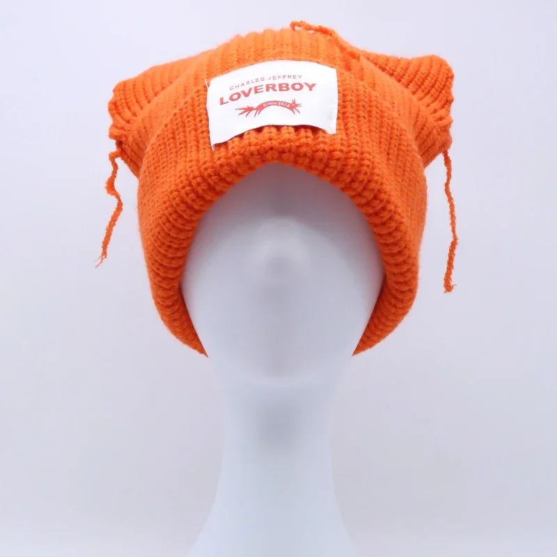 Hooded Lover Boy Knit Double-layer Fox Ear Hat Hip-hop Y2k