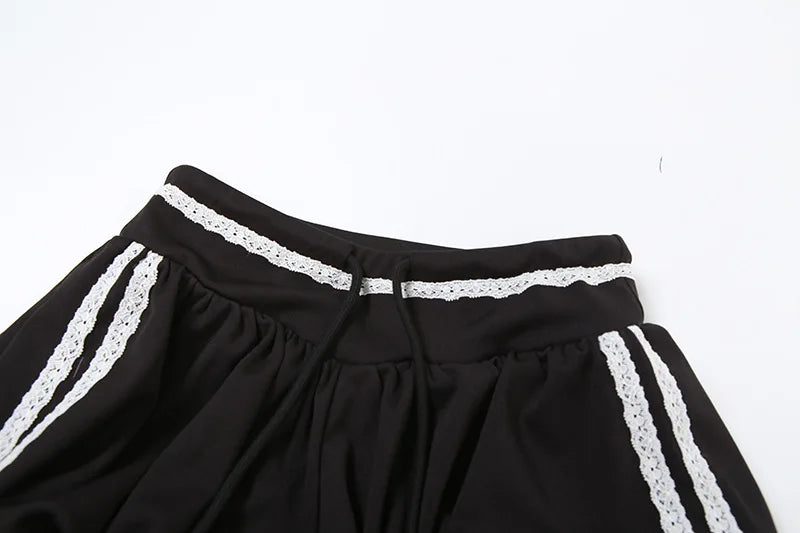 2 Piece Sets Women Outfit Lace See Though Patchwork Crop Top + Drawstring Skirts