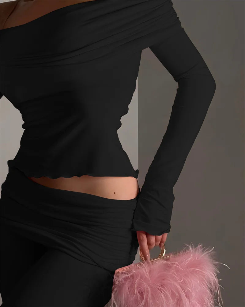 Two Pieces Sets Women Off-shoulder Long Sleeve T-shirt And Trouser Ruffle Ruched Long Pants Set