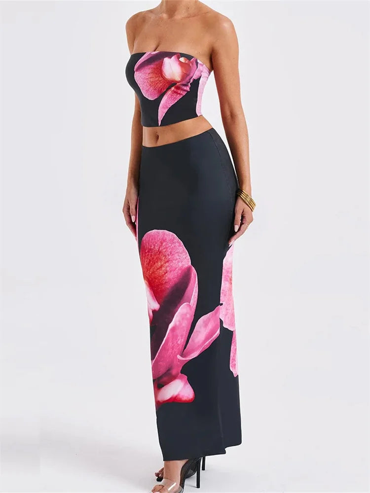 2 Pieces Outfits Floral Print Tube Tops and Elastic Waist Bodycon Long Skirt