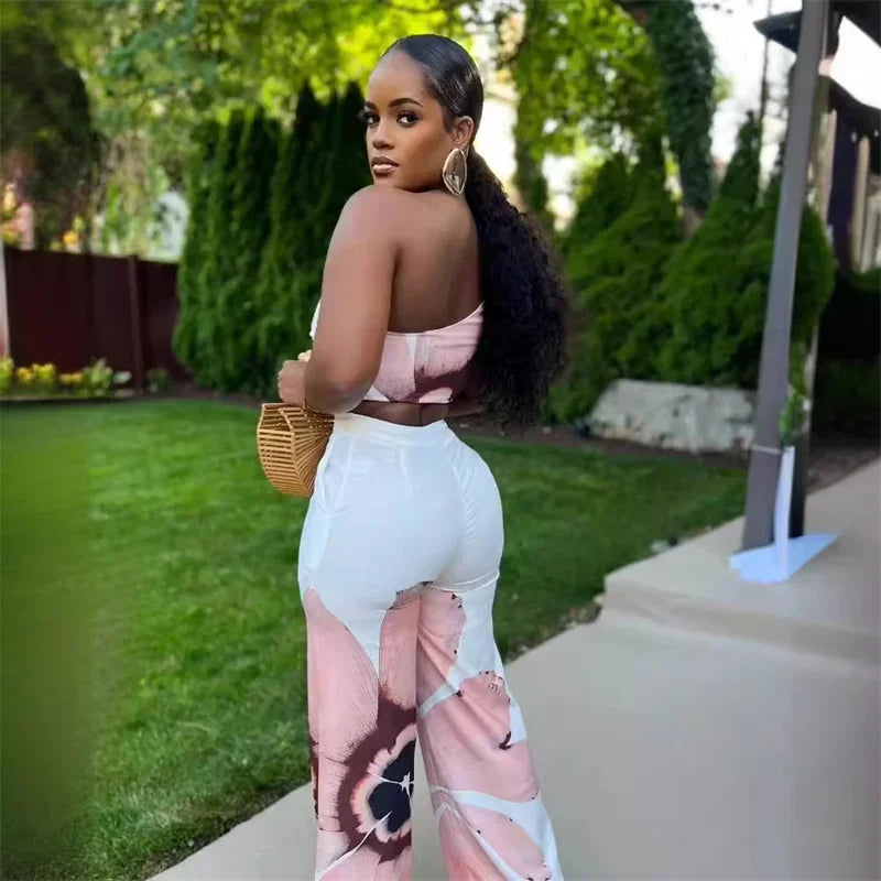 Floral Print Two Piece Set One Shoulder Crop Top and Loose Wide Leg Pants
