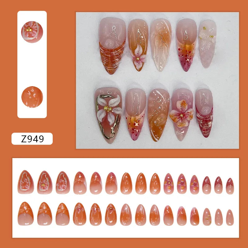 24pcs White Flower Fake Nail Yellow Pink Blush Almond Shaped Press on Nails