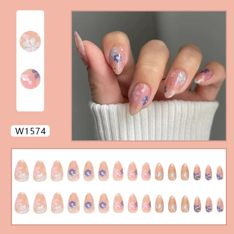 24pcs White Flower Fake Nail Yellow Pink Blush Almond Shaped Press on Nails