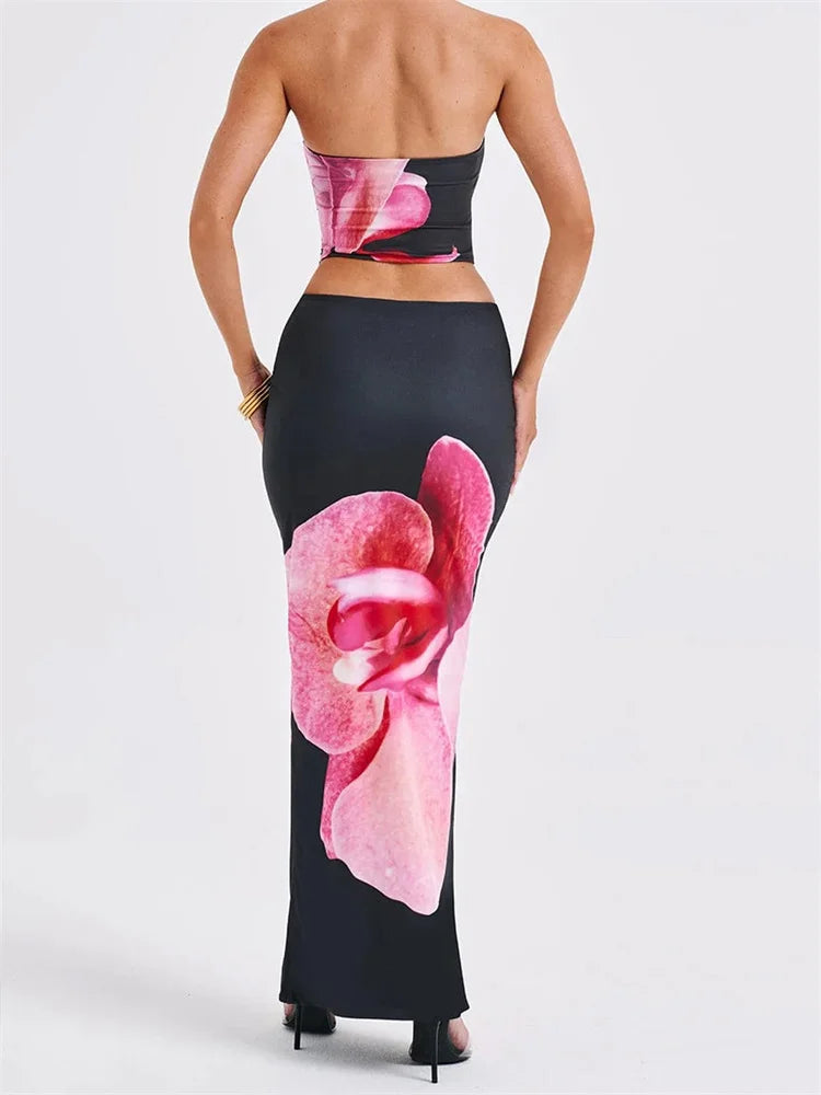 2 Pieces Outfits Floral Print Tube Tops and Elastic Waist Bodycon Long Skirt