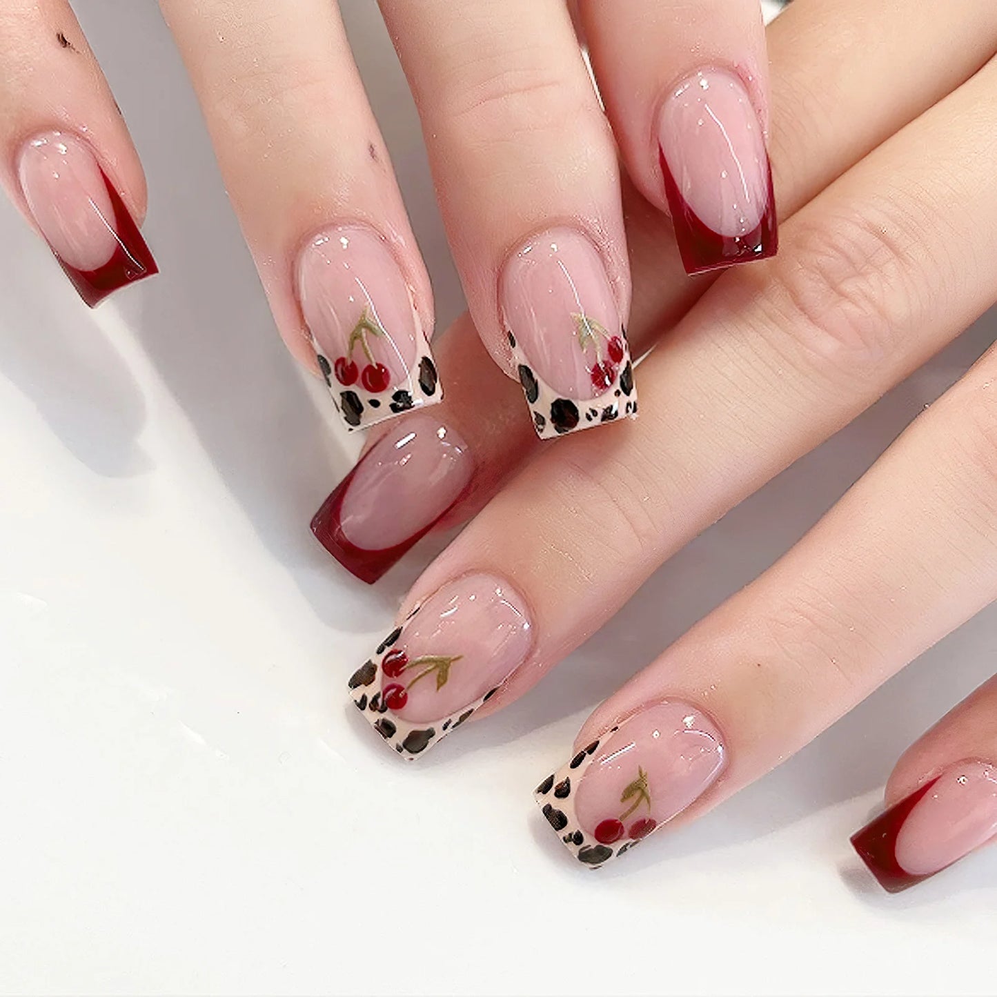 24Pcs Pink French Style Fake Nails 3D Bow Designs Short Square Press on Nails