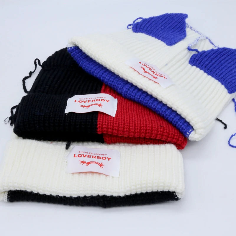 Hooded Lover Boy Knit Double-layer Fox Ear Hat Hip-hop Y2k