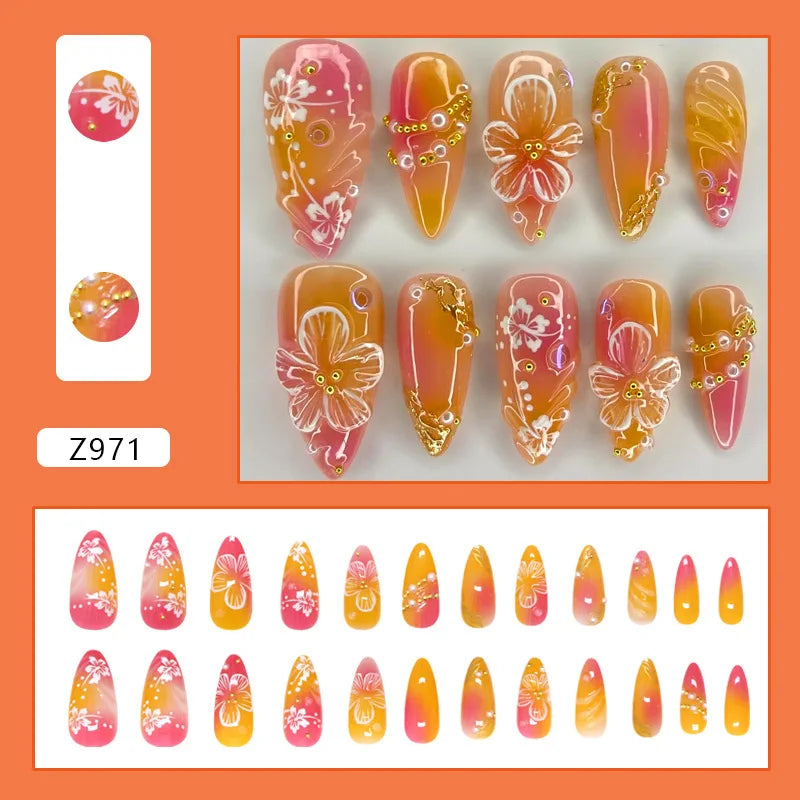 24pcs White Flower Fake Nail Yellow Pink Blush Almond Shaped Press on Nails