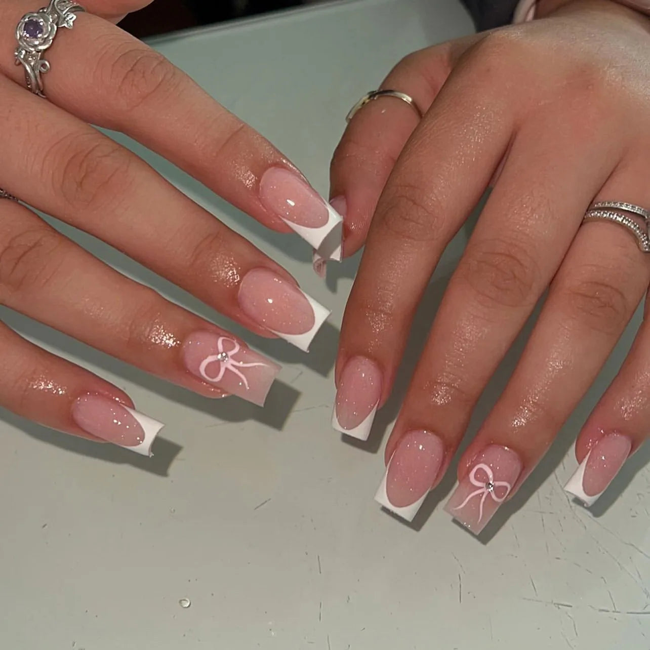 24Pcs Pink French Style Fake Nails 3D Bow Designs Short Square Press on Nails