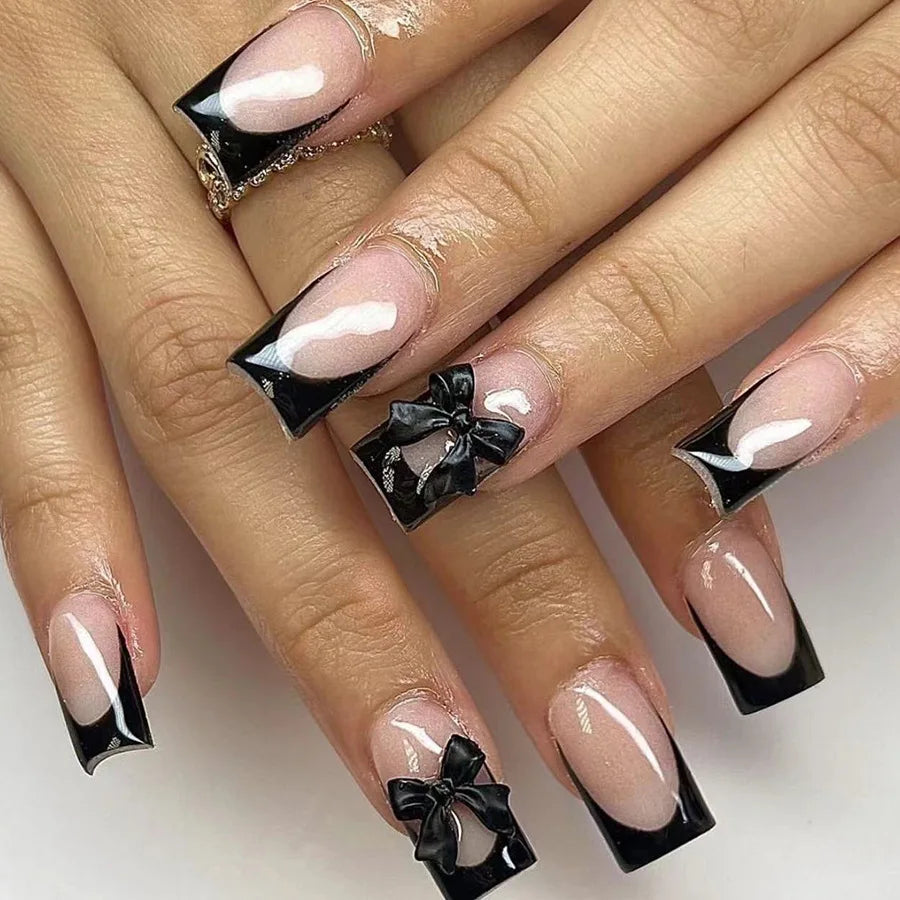 24Pcs Pink French Style Fake Nails 3D Bow Designs Short Square Press on Nails