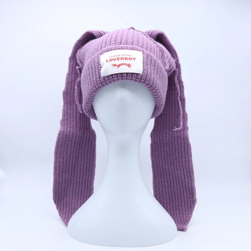 Hooded Lover Boy Knit Double-layer Fox Ear Hat Hip-hop Y2k
