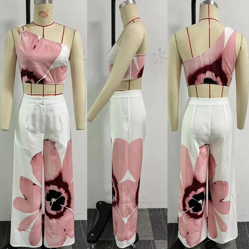 Floral Print Two Piece Set One Shoulder Crop Top and Loose Wide Leg Pants