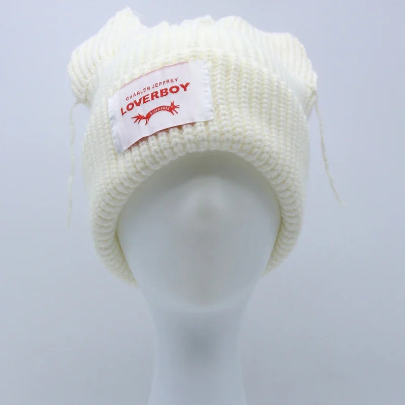 Hooded Lover Boy Knit Double-layer Fox Ear Hat Hip-hop Y2k