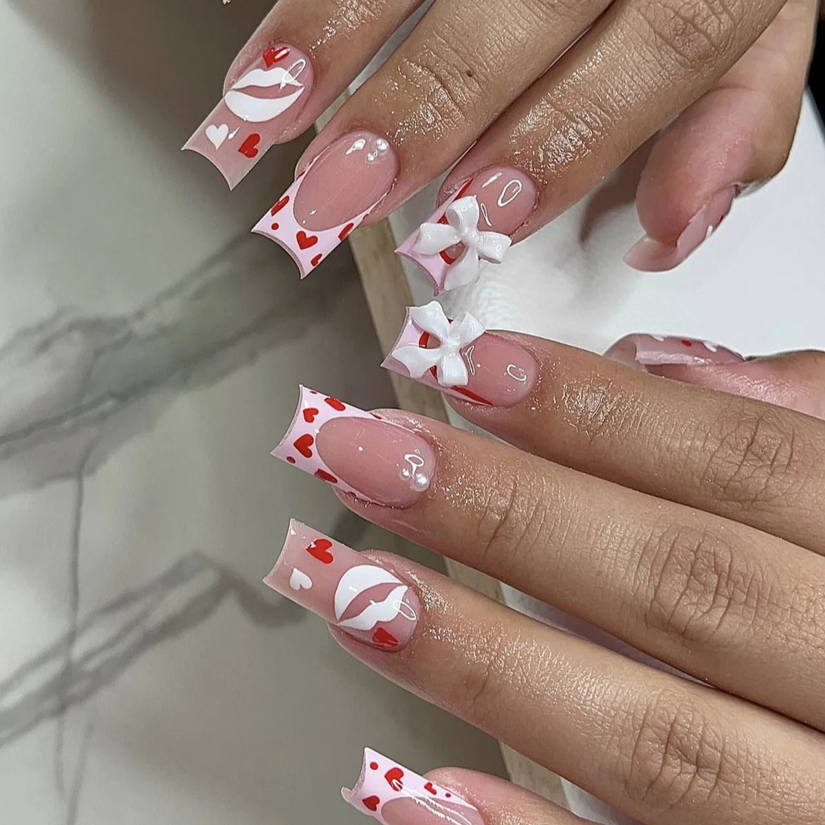 24Pcs Pink French Style Fake Nails 3D Bow Designs Short Square Press on Nails
