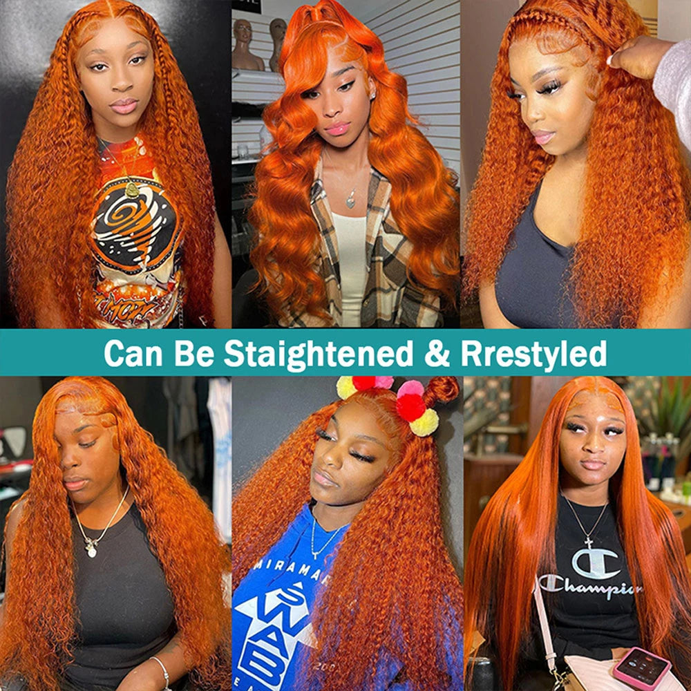Orange Ginger Curly Lace Front Human Hair Wig Deep Wave 13X4 13X6 Hd Lace