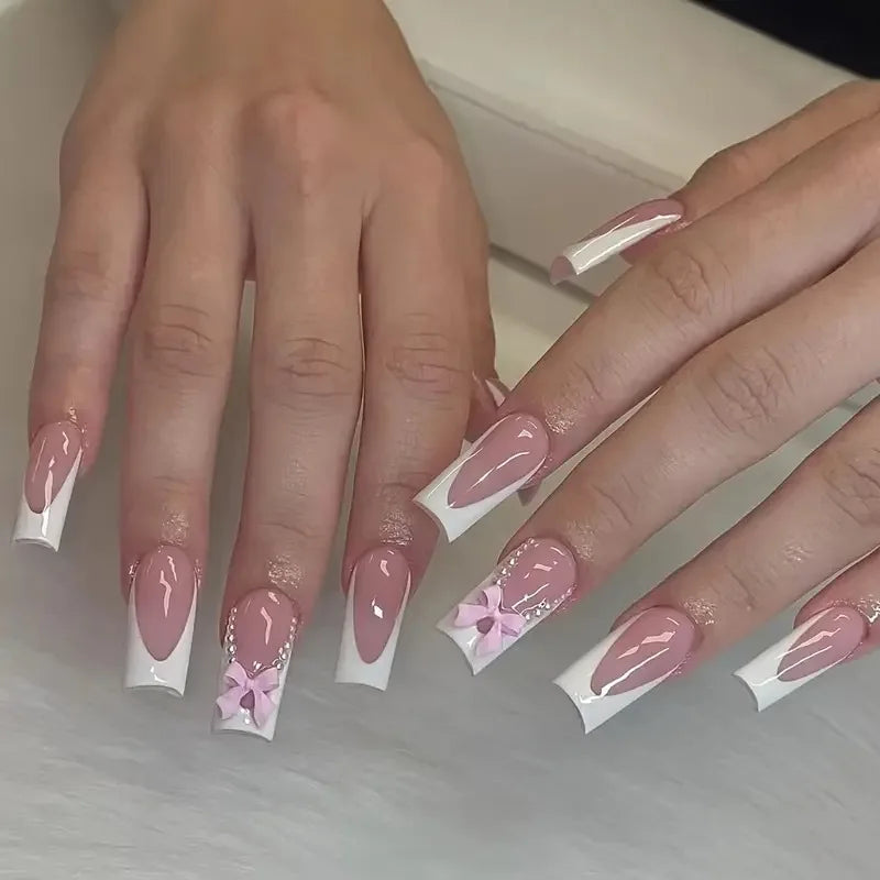 24Pcs Pink French Style Fake Nails 3D Bow Designs Short Square Press on Nails