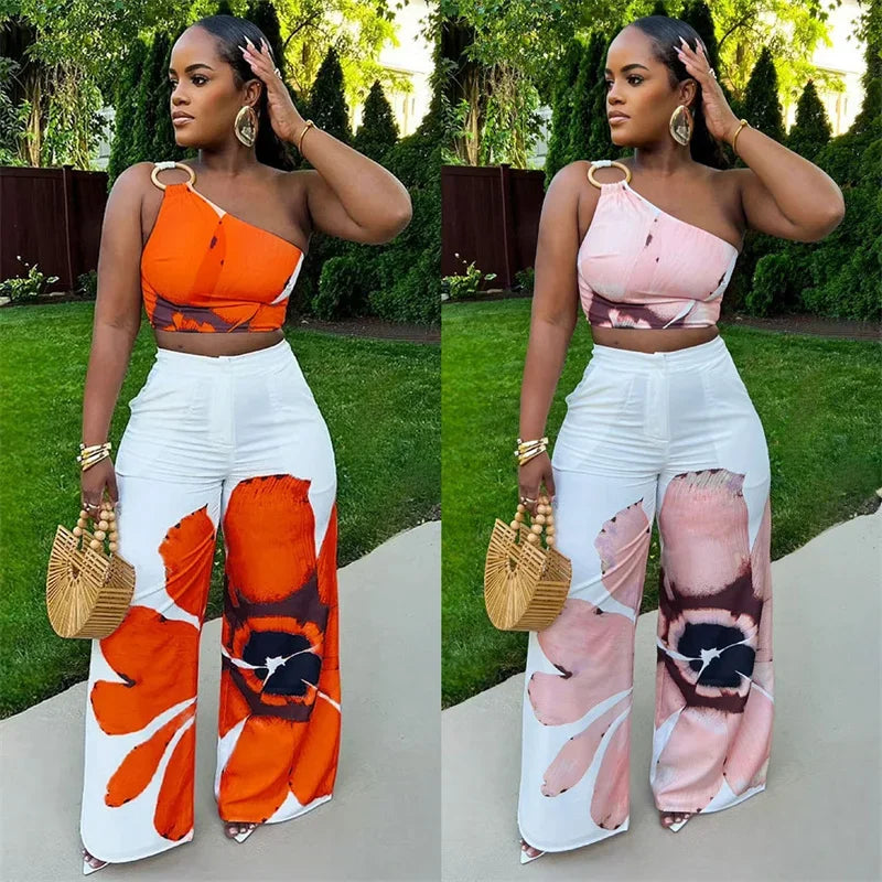 Floral Print Two Piece Set One Shoulder Crop Top and Loose Wide Leg Pants