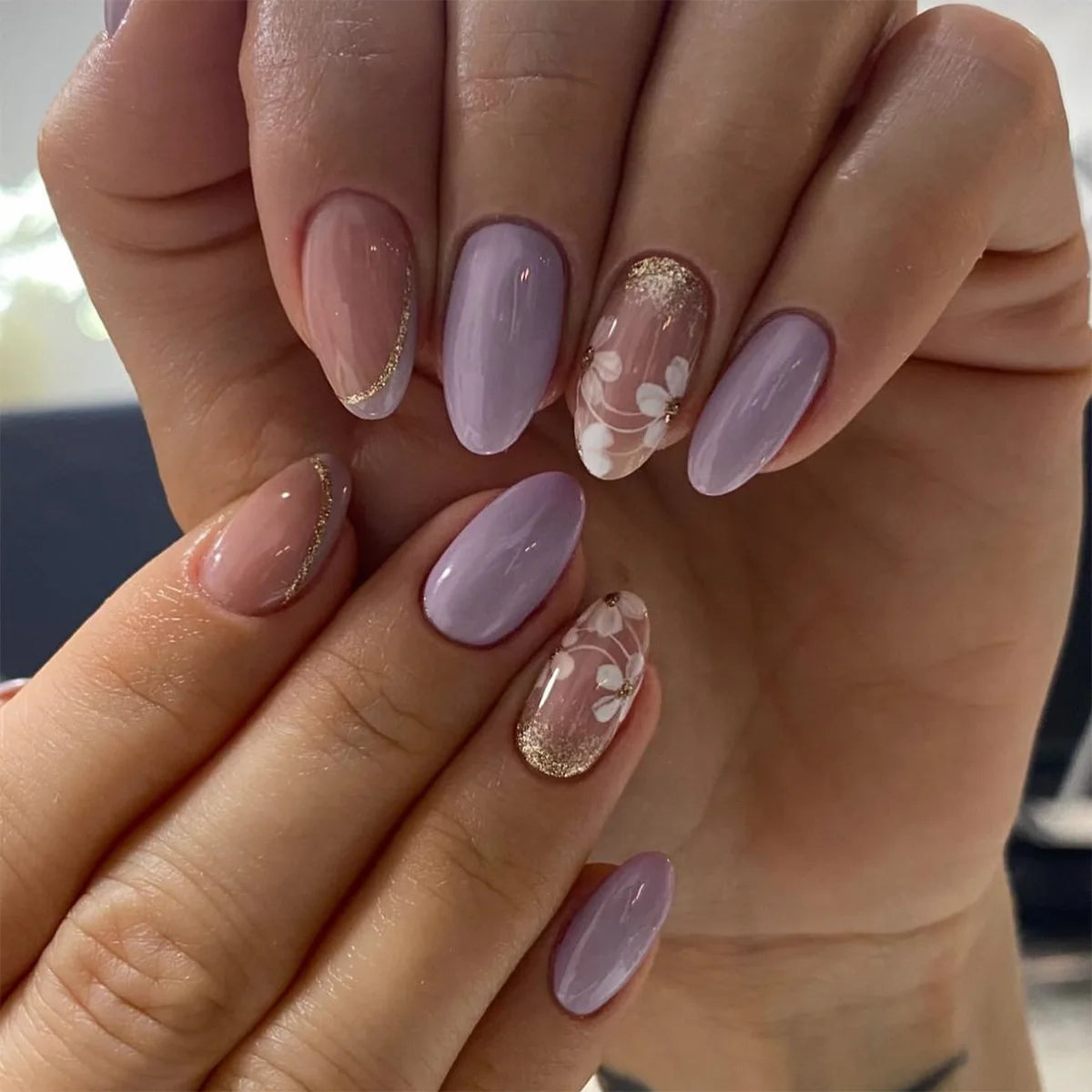 24pcs White Flower Fake Nail Yellow Pink Blush Almond Shaped Press on Nails
