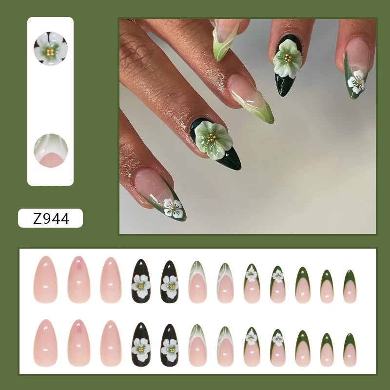 24pcs White Flower Fake Nail Yellow Pink Blush Almond Shaped Press on Nails