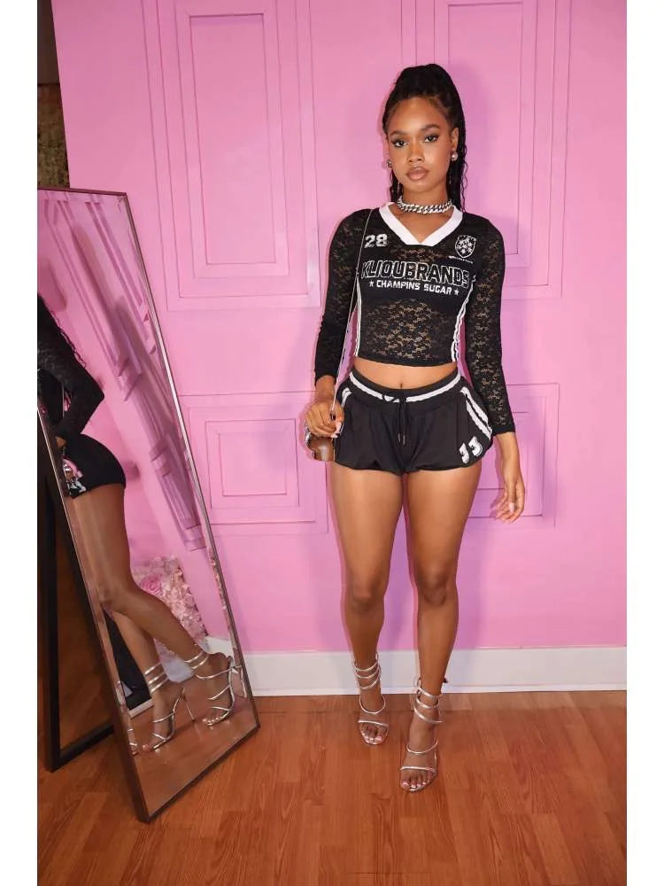 2 Piece Sets Women Outfit Lace See Though Patchwork Crop Top + Drawstring Skirts
