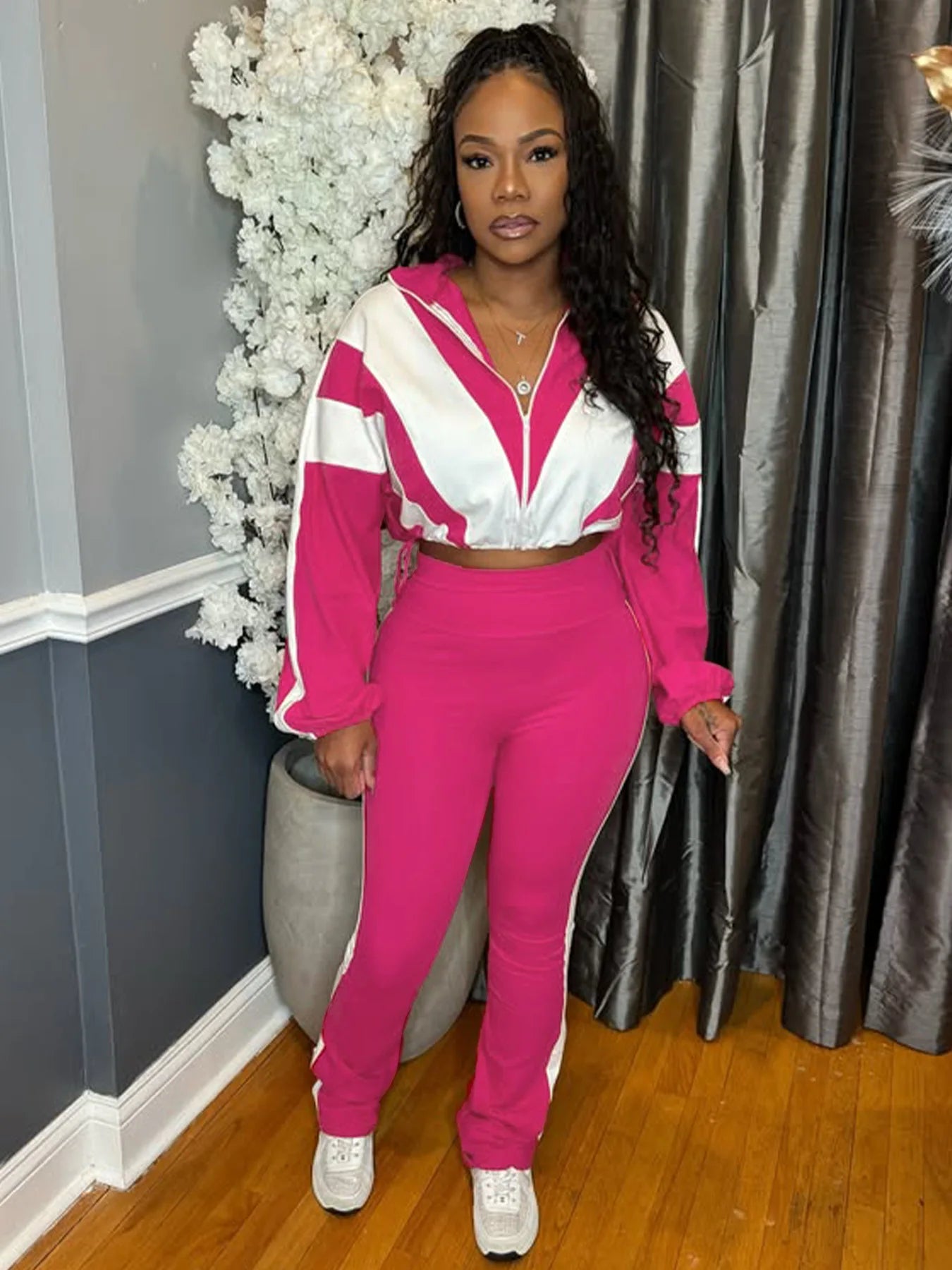 Two Piece Outfits Color Block Long Sleeve Zipper Jacket and Jogger Pants Tracksuit Streetwear