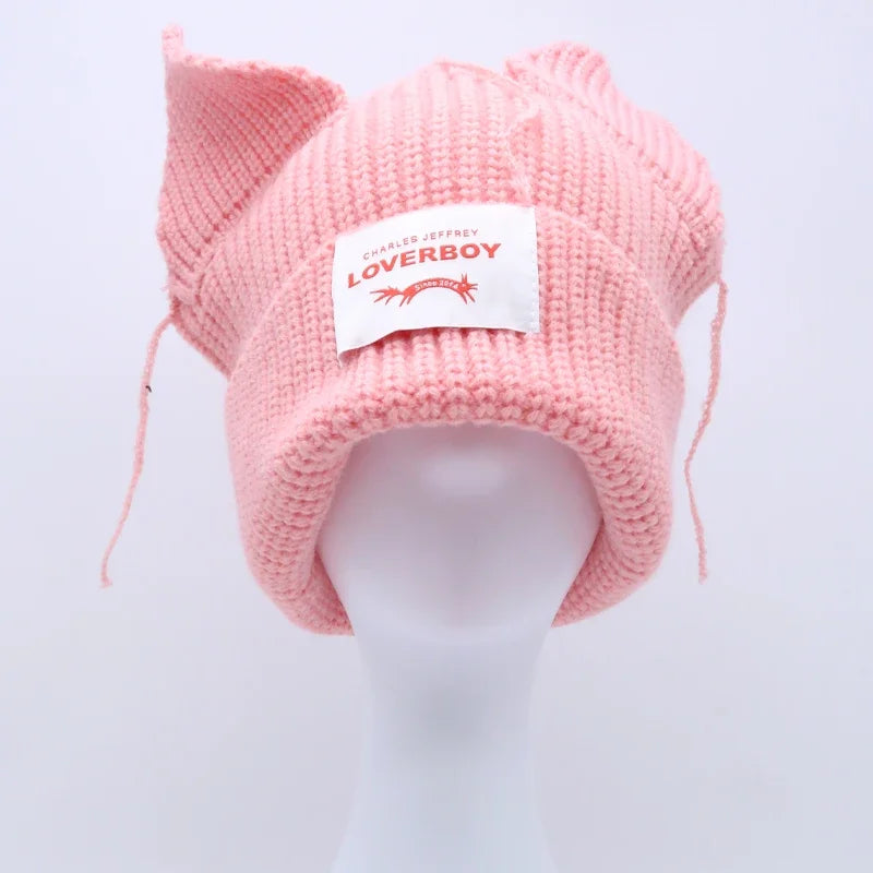 Hooded Lover Boy Knit Double-layer Fox Ear Hat Hip-hop Y2k